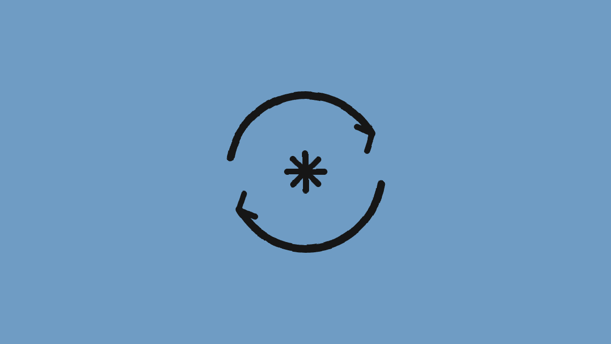 A hand-drawn circular flywheel of two arrows looping around a central spark.